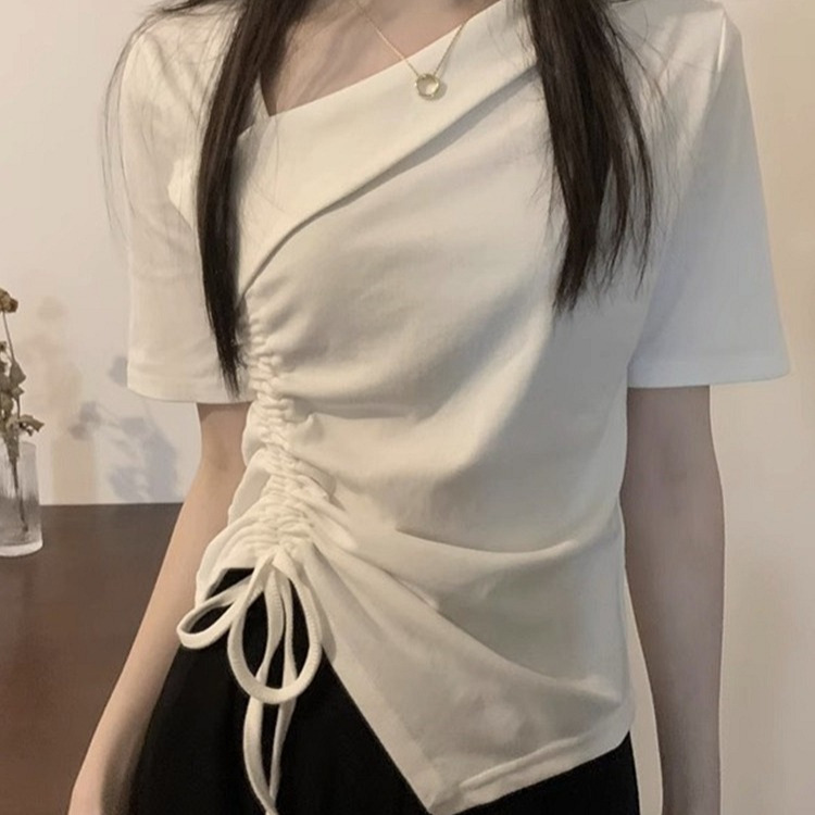 不规则抽绳短袖T恤女2025夏季新款设计感美式辣妹V领正肩短款上衣