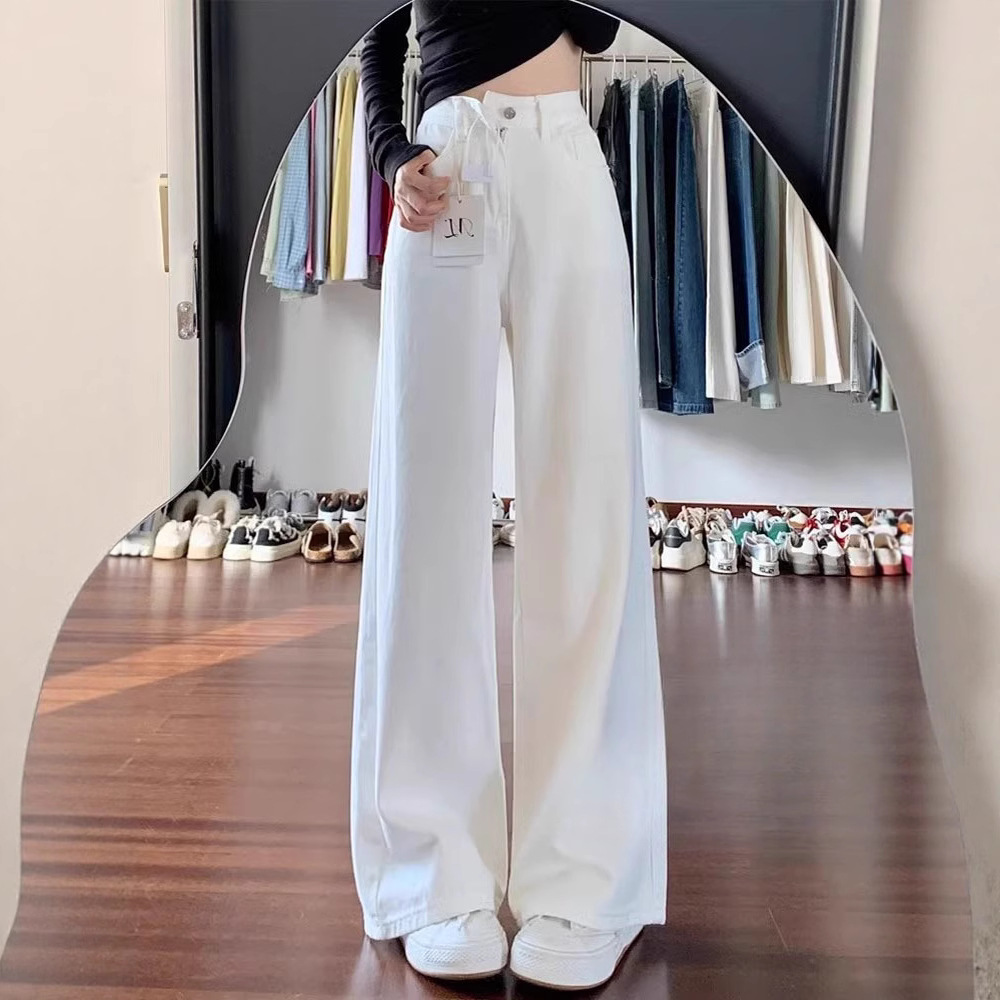 白色阔腿牛仔裤女2025春夏新款高腰宽松高级垂感小个子直筒拖地裤