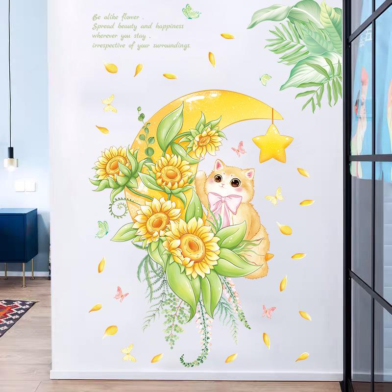 跨境新款绿植卡通小猫动物儿童房客厅玄关橱柜房门餐厅装饰墙贴画图片