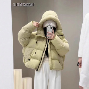 高端连帽泡芙感羽绒服女2025冬季 抽绳保暖宽松白鸭绒面包服外套