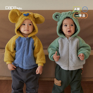 papa爬爬冬男女宝加绒外套婴儿仿羊羔绒加厚上衣外出保暖 清仓