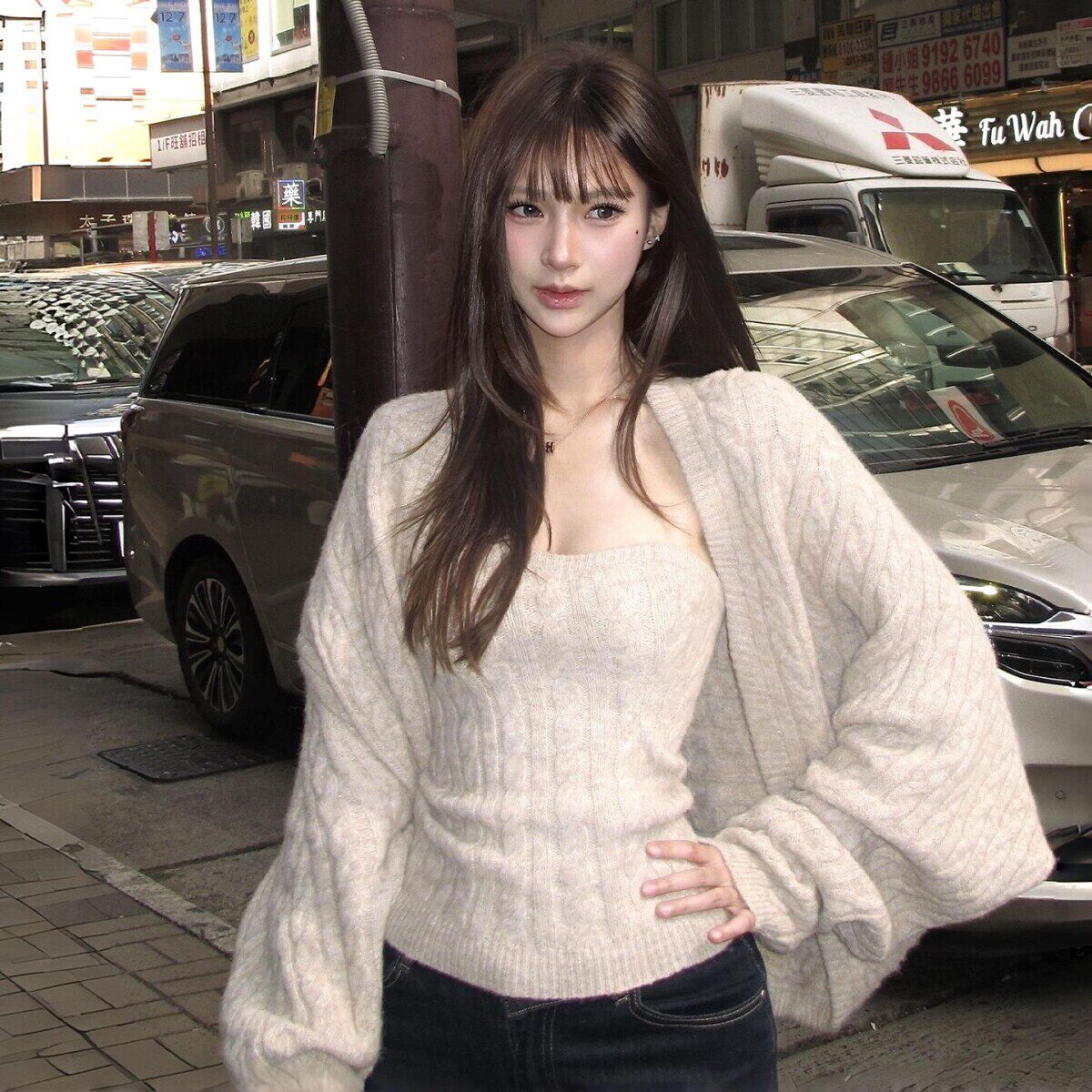 慵懒风针织上衣套装女早春季新款辣妹抹胸麻花毛衣开衫外套两件套