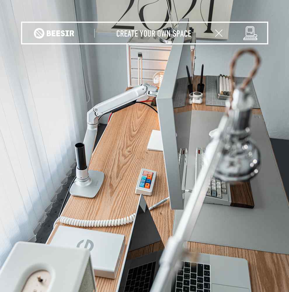 Beesir 电脑显示器支架白色铝合金伸缩屏旋转升降底座vesa机械臂