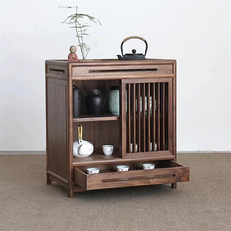 北美黑胡桃新中式茶水柜老榆木茶水台下置水桶茶室茶边柜不含炉