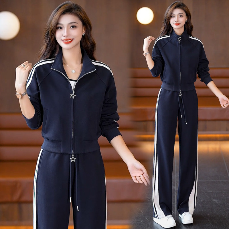 时尚休闲运动风套装女2026春季新款韩版洋气立领卫衣阔腿裤两件套