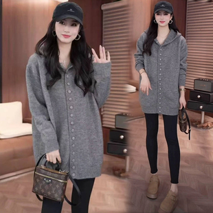 灰色连帽中长款针织开衫女2025年秋冬新款宽松显瘦遮屁股毛衣外套