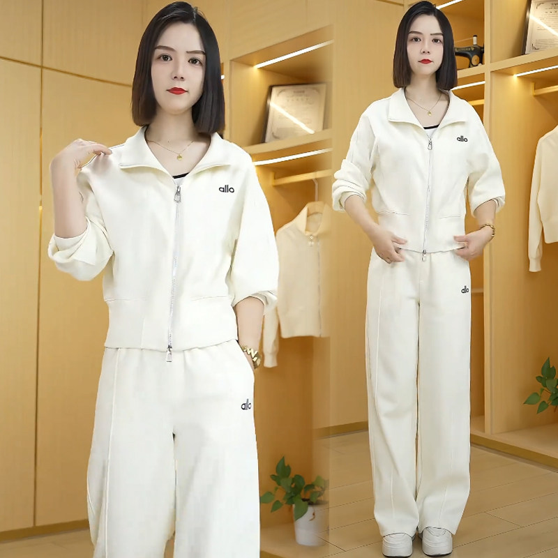 韩版休闲运动服套装女2026春季新款显瘦洋气翻领开衫阔腿裤两件套