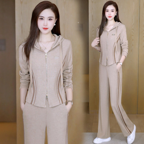 2024春装新款仿羊绒时尚休闲套装女连帽开衫洋气显瘦运动服两件套