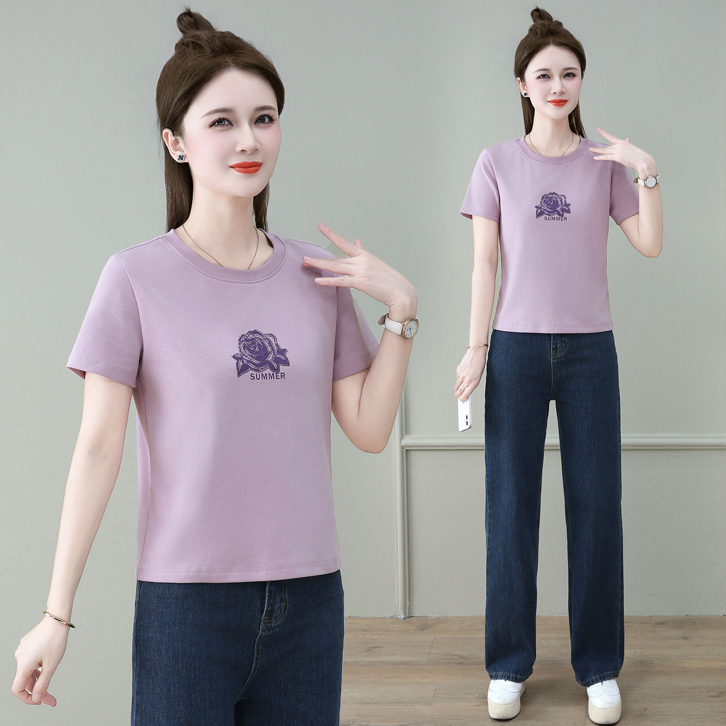 时尚设计感印花镶钻短袖T恤女2026夏季新款小个子短款百搭体恤衫