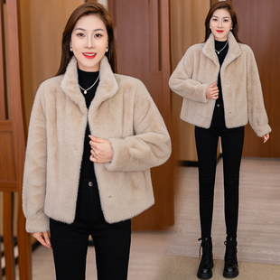 轻奢皮毛一体短款外套女2025冬季新款高级感立领保暖环保皮草上衣