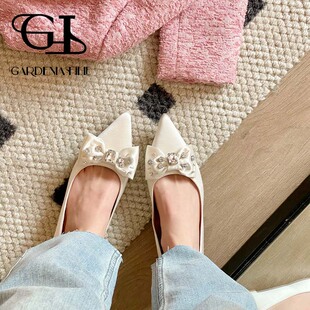 手工钉珠蝴蝶结真丝法式气质缎面尖头低跟浅口女鞋温柔一脚蹬单鞋