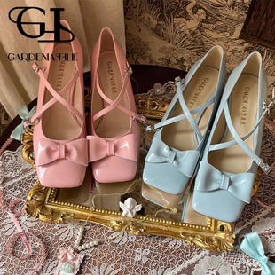 方头法式优雅气质交叉绑带蝴蝶结原创设计真皮女鞋中跟粗跟高跟鞋