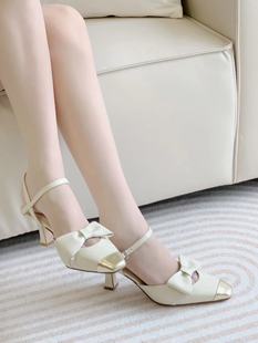 原创拼色牛皮蝴蝶结真皮大底小香风中跟凉鞋尖头时尚春夏凉鞋