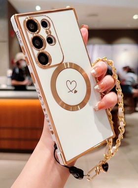 适用三星s24lutra手机壳masafe磁吸s24保护套带手绳S21utra电镀FE爱心手腕带全包防摔s23ultar硅胶s20u软壳22
