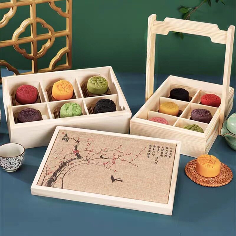 定制logo木质手提式中秋月饼礼盒实木双层包装盒松木木盒九宫格