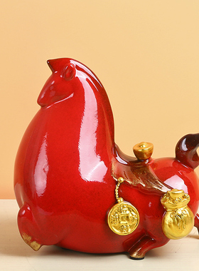 马上有钱陶瓷红色招财马摆件