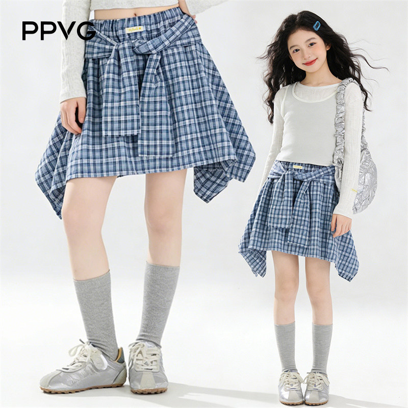 PPVG学院风格子不规则A字短裙