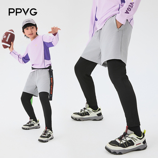 PPVG春季新款假两件儿童运动短裤速干弹力训练裤足球男童户外裤子