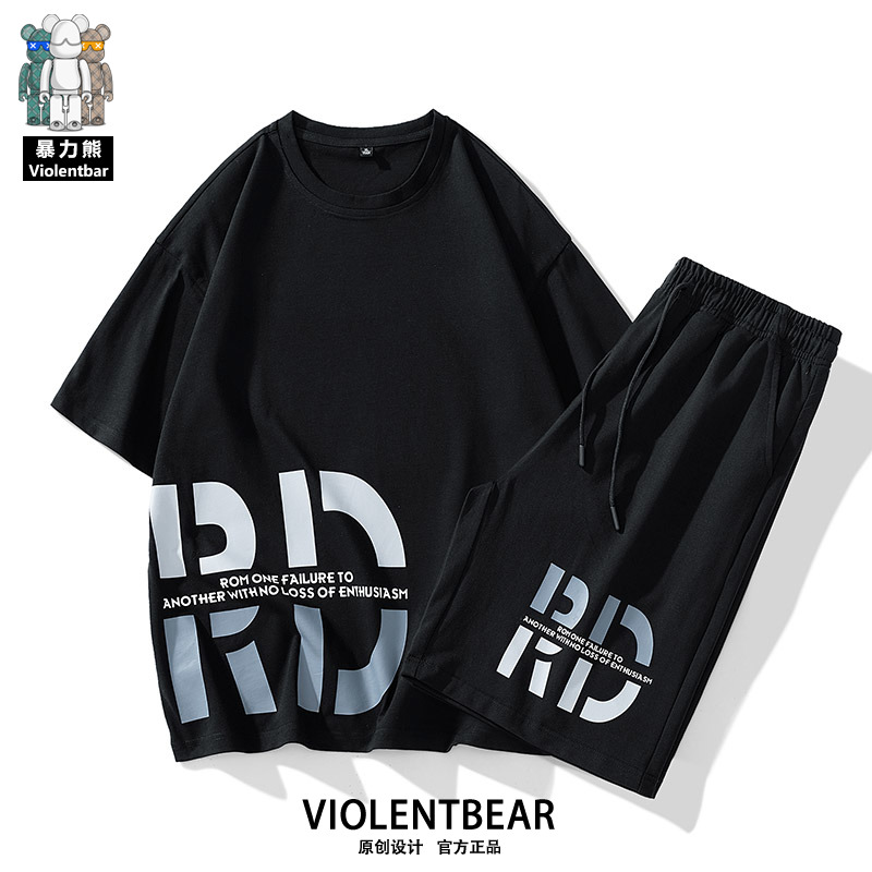 潮男休闲运动短袖套装夏季薄款高端潮牌印花青少年帅气冰丝两件套