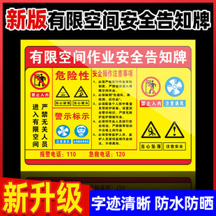 有限空间告知牌有限空间警示标识牌密闭受限空间作业警示牌职业病危害告知卡牌标识危险化学品公告栏