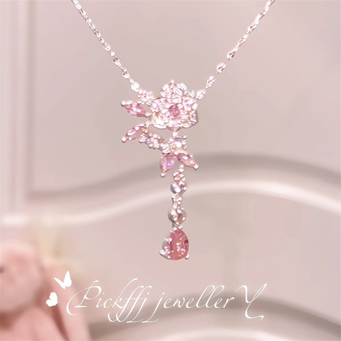 【玫瑰花语&middot;粉】玫瑰花朵锆石吊坠项链铜镀银轻奢锁骨链礼物女