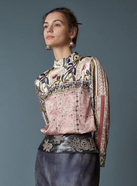 HUI卉博物馆藏品纹样弹力桑蚕丝景泰蓝珠扣中式上衣2026春季新款