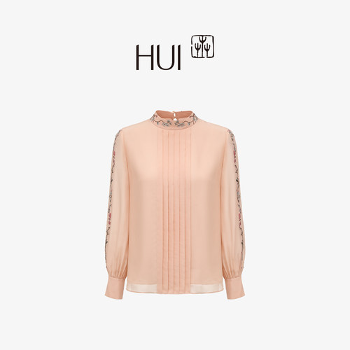 HUI卉100%桑蚕丝乔其纱刺绣衬衫