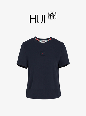 HUI卉醋酸黛黑色短款四印苗刺绣基础经典简约休闲舒适T恤短袖上衣