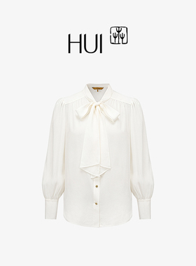HUI卉桑蚕丝真丝系带玉兰白衬衫飘带经典女士气质衬衣