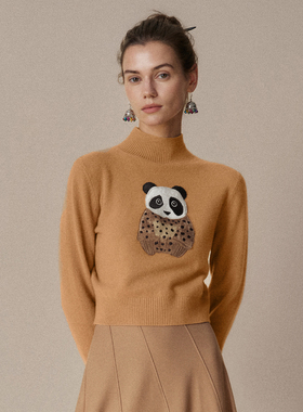 HUI卉AI熊猫刺绣多色绵羊毛螺纹高领米兰秀场高定套头衫