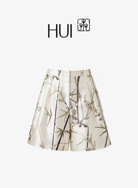 HUI卉高竹生花图非遗刺绣压褶基础款短裤轻盈仿醋酸面料A字版型