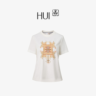 HUI卉非遗传统八角苗花纹多重苗绣四印苗掐腰基础T恤气质上衣短袖