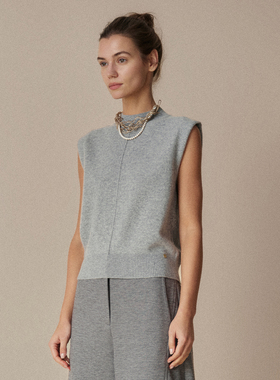 HUI卉100%高支绵羊毛多色可选螺纹裸肤分割线针织无袖背心遮肩