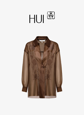 HUI卉丝光柯根纱花鸟纹刺绣中式落肩袖盘扣长袖斜裁衬衫2025新款