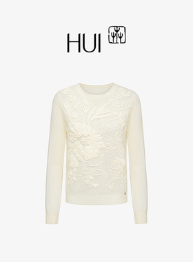 HUI卉100%山羊绒艺术设计立体补花绣重工刺绣针织衫毛衣宽松显瘦