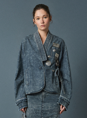 HUI卉苗银装饰雪花炒色补花绣做旧水洗磨毛牛仔外套2026春季新款