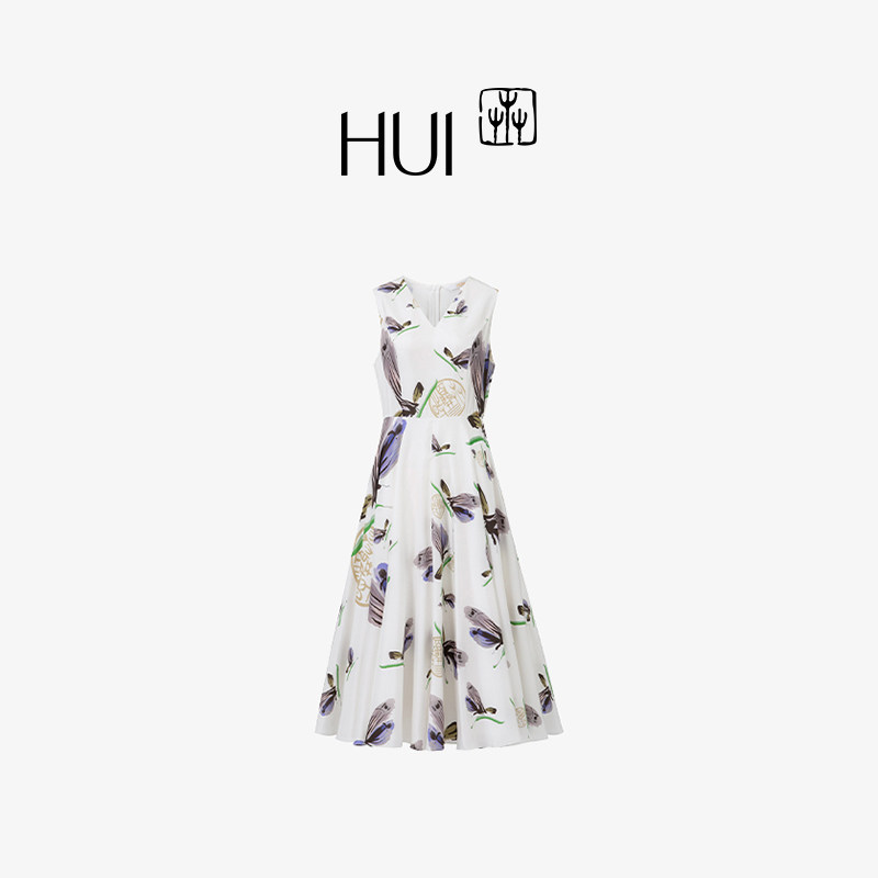 HUI卉100%桑蚕丝真丝连衣裙兰蝶印花碎花裙鸡心领无袖散摆修身裙