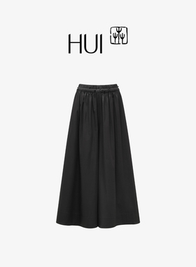 HUI卉弹力涤棉宽松A摆松紧腰墨染黑曜石点缀垂感长款裙裤2025新款