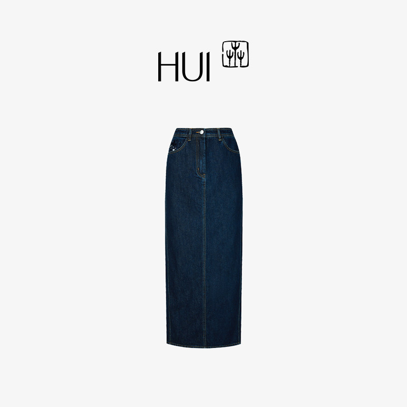 HUI卉全棉珍珠亮片毛边口袋长角苗非遗刺绣复古做旧包臀牛仔半裙