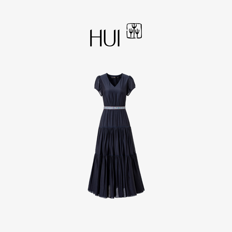 HUI卉榉木醋酸真丝叠绣长连衣裙