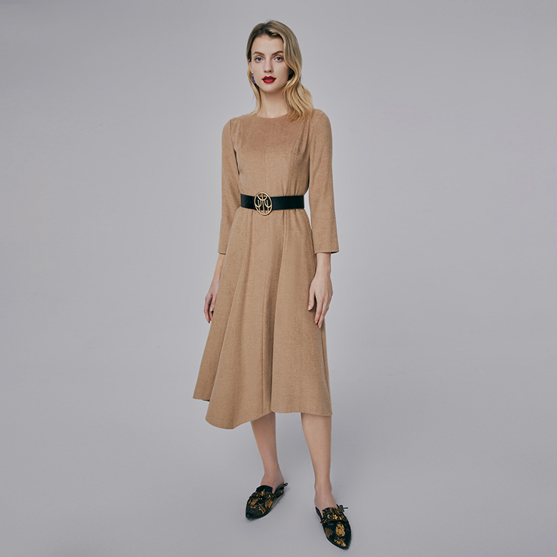 HUI卉棠梨褐色真丝牦牛绒连衣裙