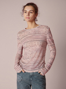 HUI卉博物馆藏品纹样精纺绵羊毛收腰褶皱圆领针织衫2026春季新款