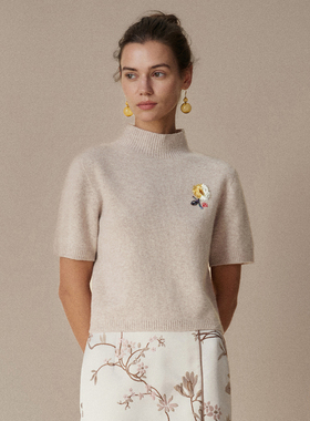 HUI卉100%绵羊毛蜜合色玉兰半高立领短袖亮片管珠针织打底衫毛衫