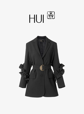 HUI卉定织SPH二重织黛黑色正肩廓形西装外套荷叶花边镶嵌袖女通勤