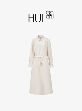 HUI卉玉兰白双排扣环保SPH微弹优雅酷飒H型掐腰经典中长款风衣