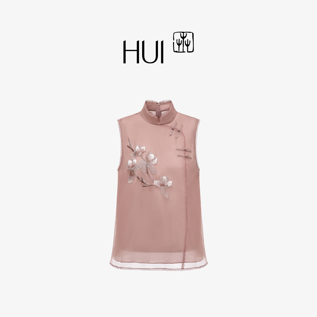 HUI卉桑蚕丝柯根纱玉兰刺绣上衣