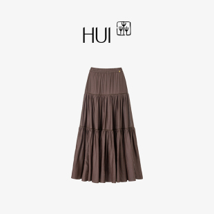 HUI卉榉木醋酸桑蚕丝伽罗色重工压褶细密多褶量轻盈蛋糕式半身裙