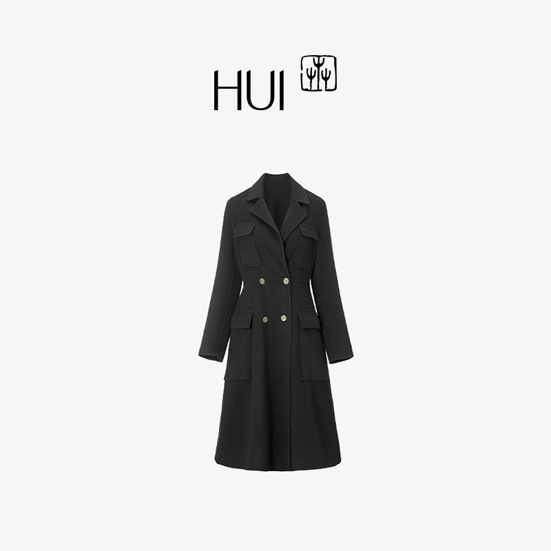 HUI卉初剪绵羊毛牦牛绒黛黑色高保暖大口袋排扣翻领大衣羊毛外套