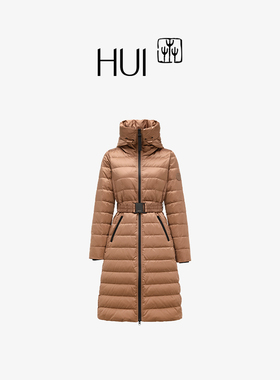 HUI卉90白鹅绒棠梨褐精细绗缝过膝针织拼接松紧腰中长连帽羽绒服