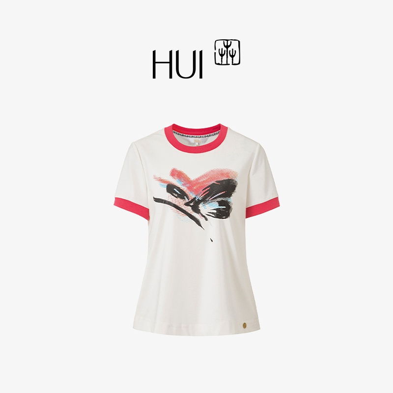 HUI卉天丝丝光棉彩蝶印花撞色T恤
